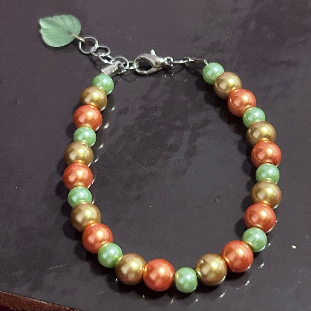 Handmade Beaded Bracelet Multicolor Pearl Like with Glass Leaf Charm